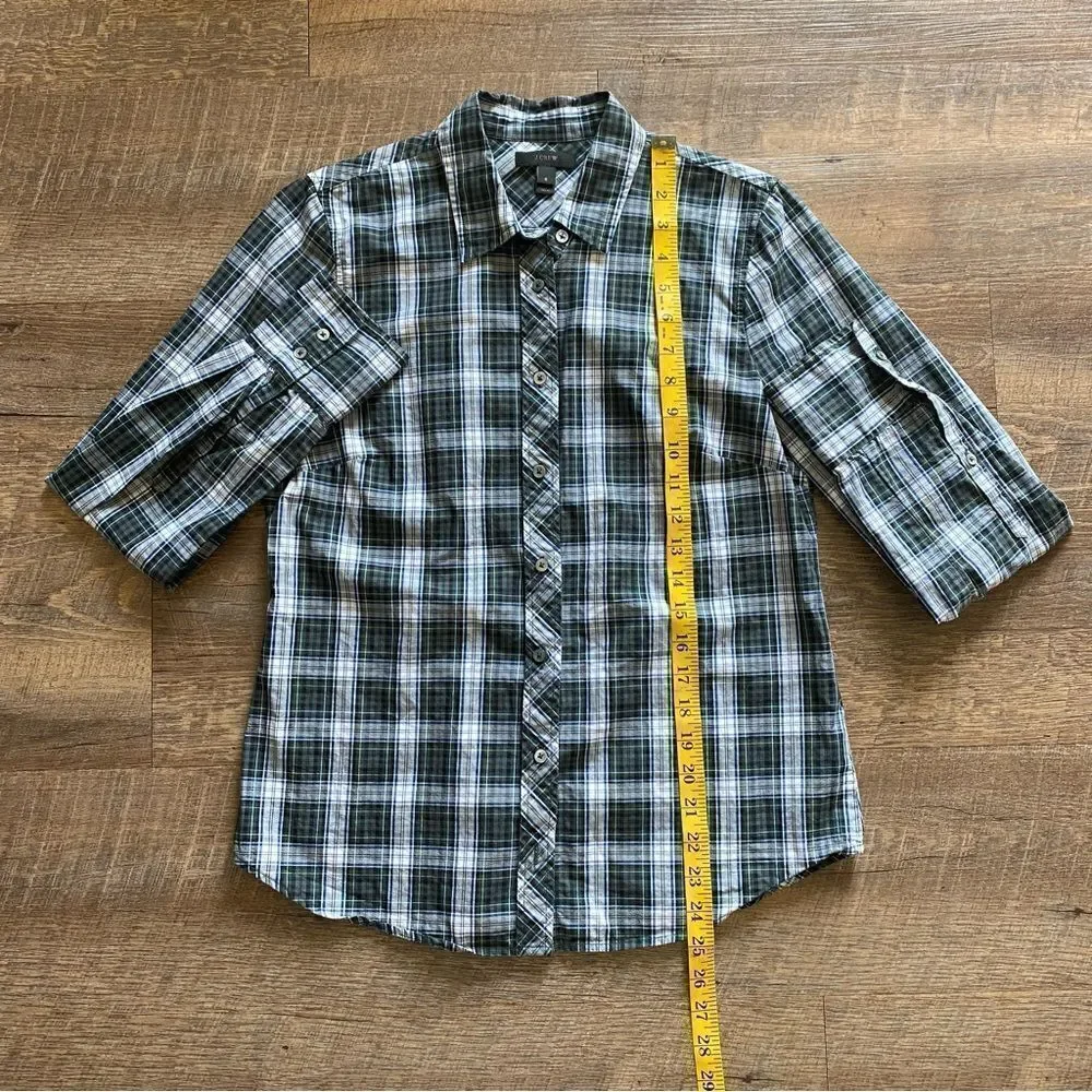 J. Crew Button Down Plaid Shirt Green Blue Black White 6